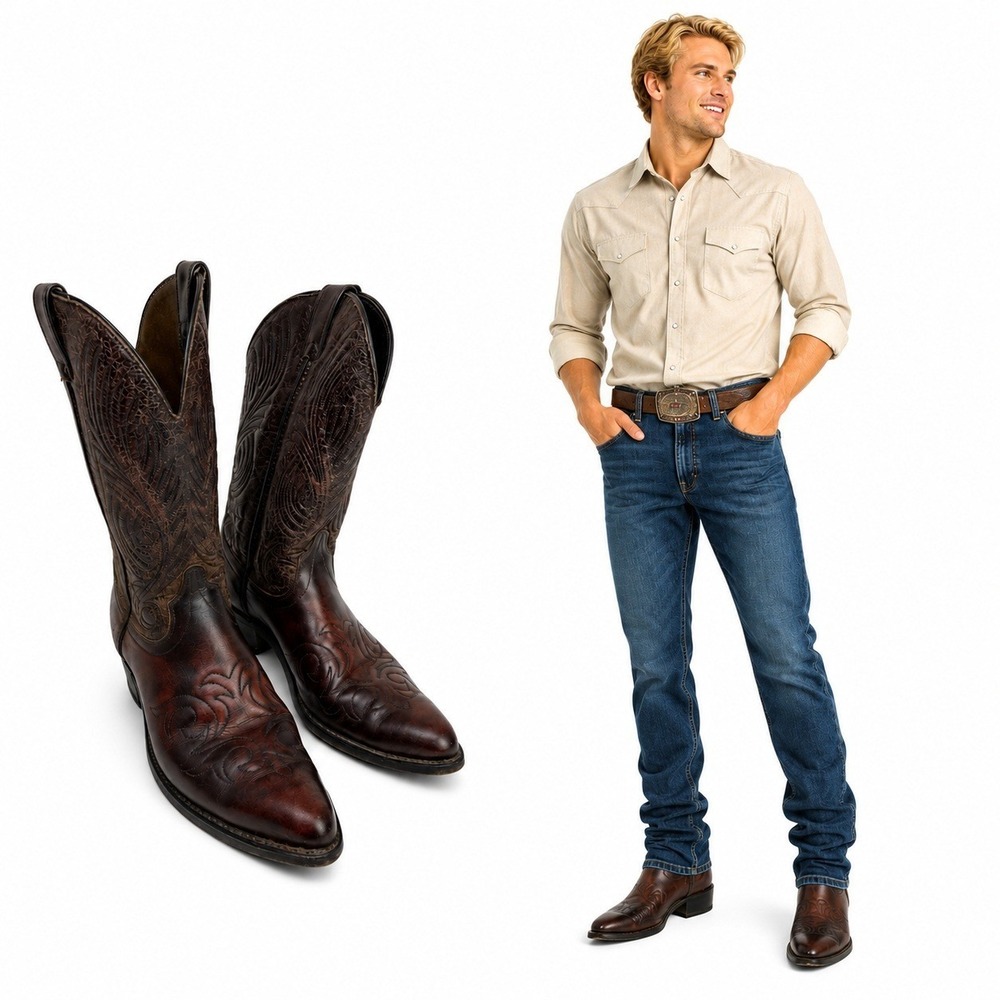 Laredo Mens 10.5 Brown‎ Leather Western Cowboy Boots Square Toe Pull On Ranch